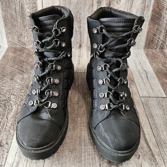 GUESS Ortela Combat Boot Womens Military Black Quilted Biker Chunky Moto Ankle 7 - Picture 2 of 15